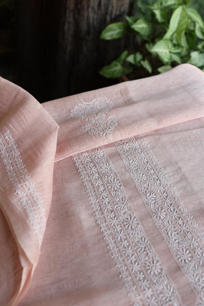 Peach Shade Linen Chikankari Unstitched Men's Kurtas Fabric