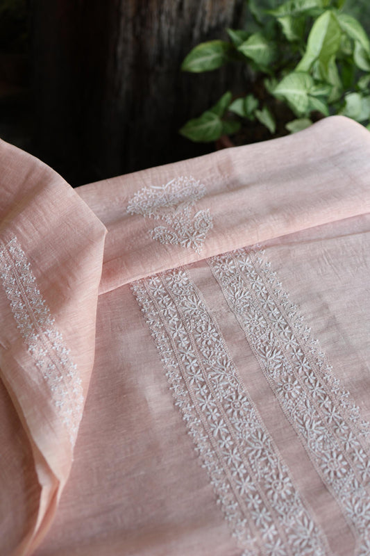 Peach Shade Linen Chikankari Unstitched Men's Kurtas Fabric