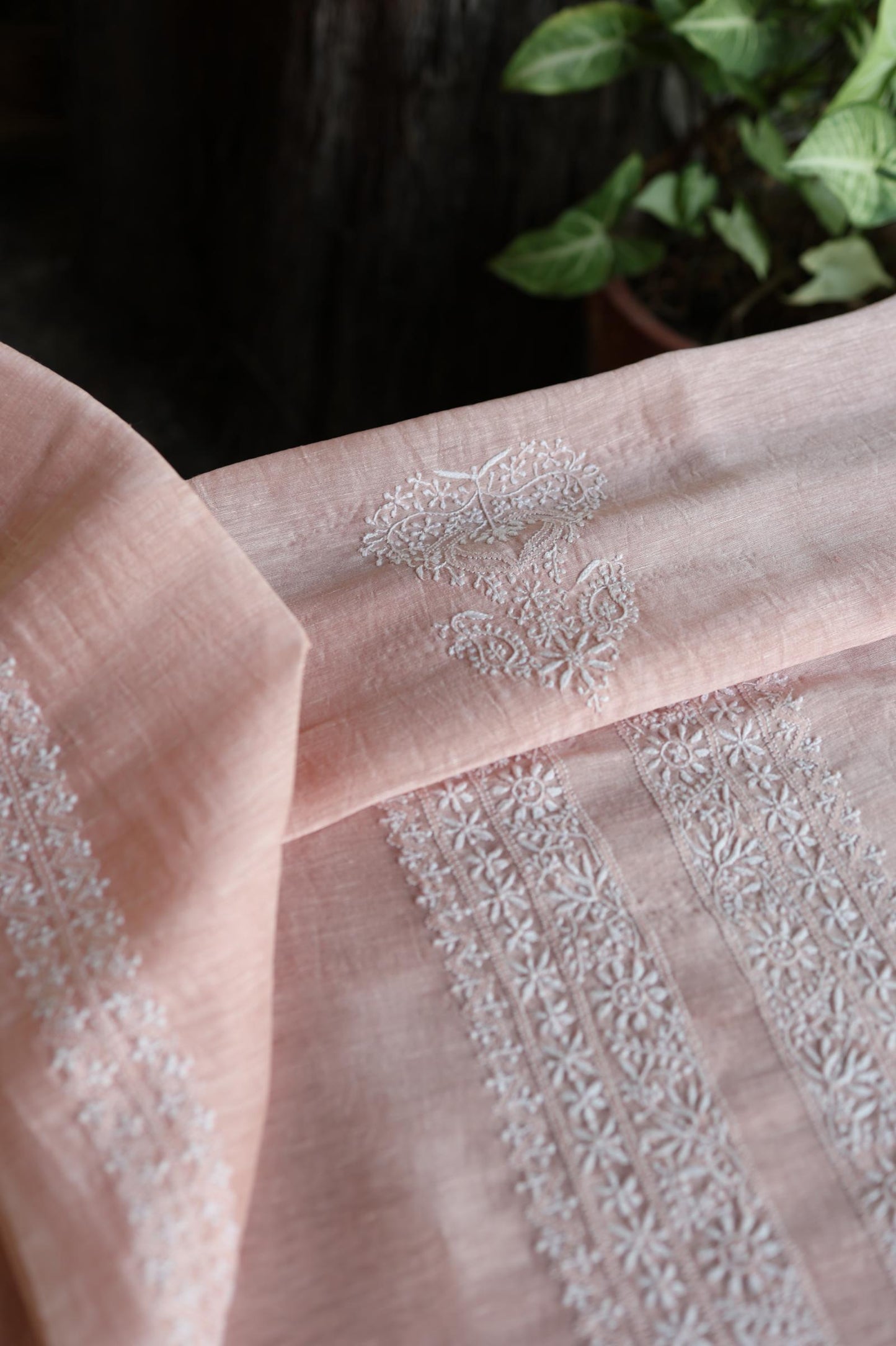 Peach Shade Linen Chikankari Unstitched Men's Kurtas Fabric