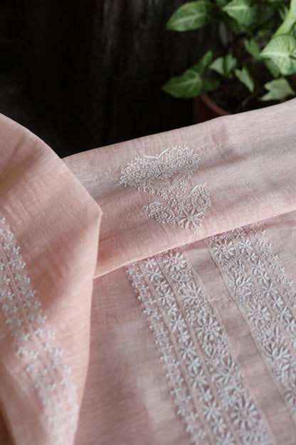 Peach Shade Linen Chikankari Unstitched Men's Kurtas Fabric