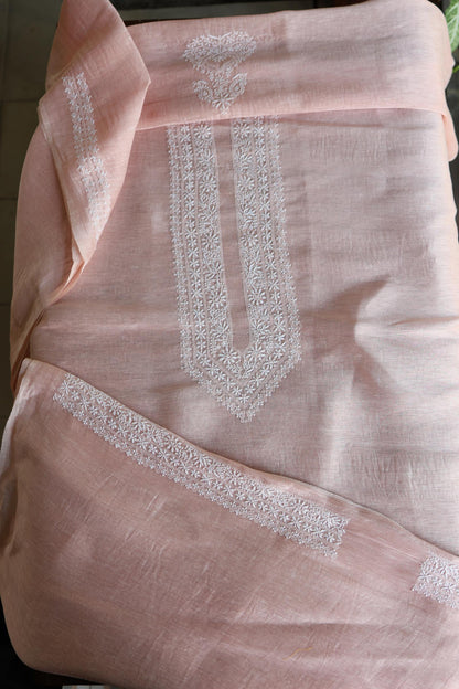 Peach Shade Linen Chikankari Unstitched Men's Kurtas Fabric