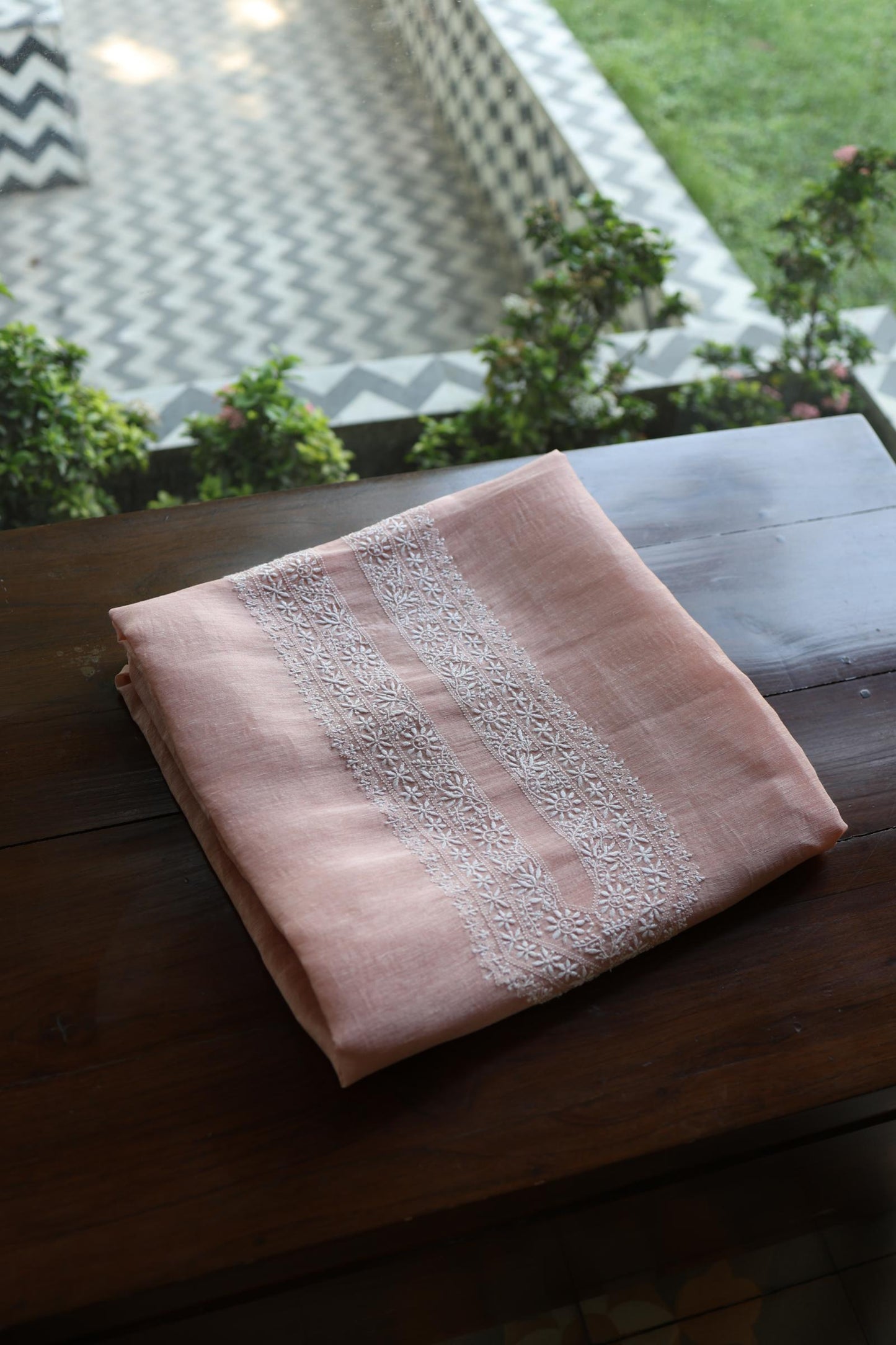 Peach Shade Linen Chikankari Unstitched Men's Kurtas Fabric