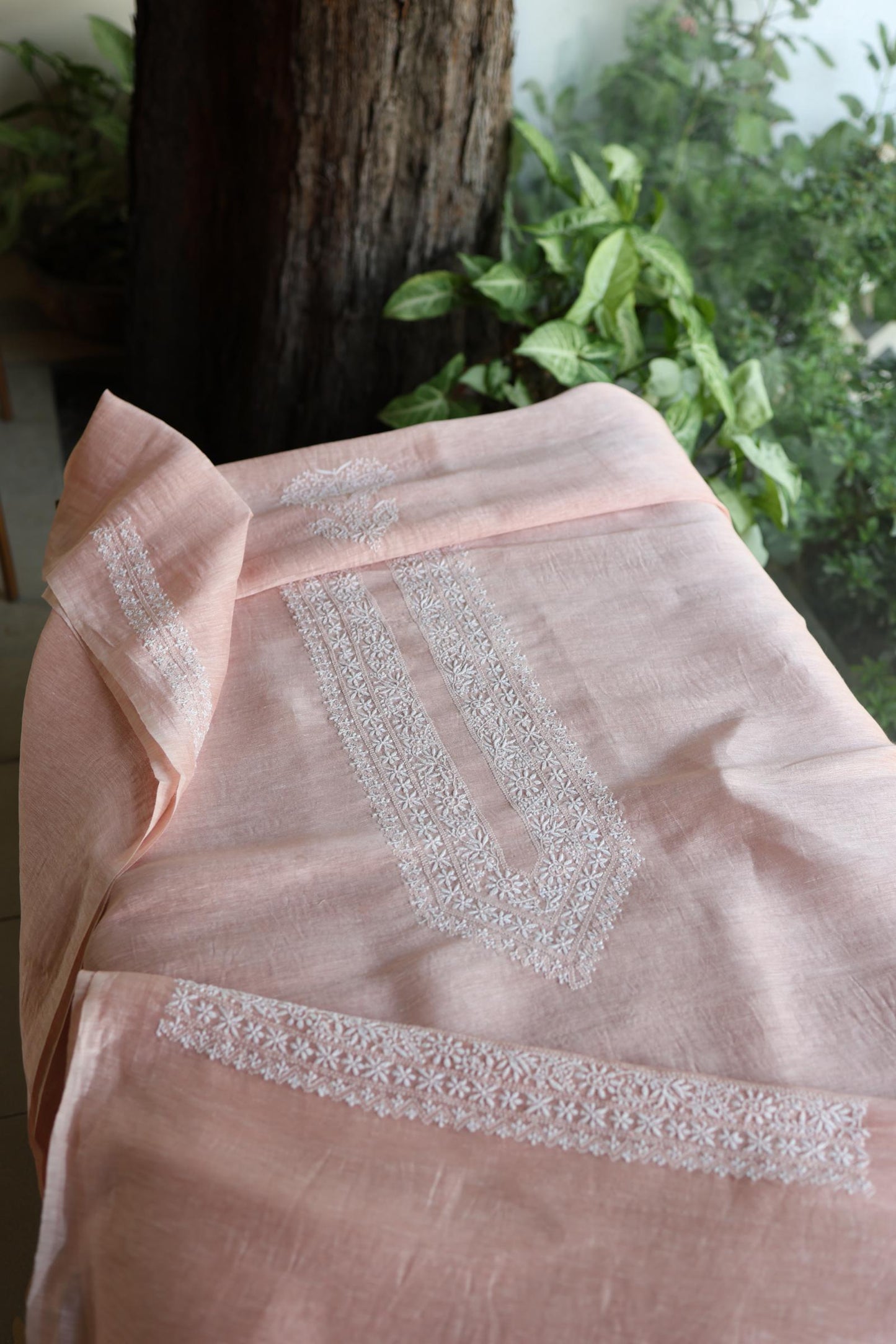 Peach Shade Linen Chikankari Unstitched Men's Kurtas Fabric