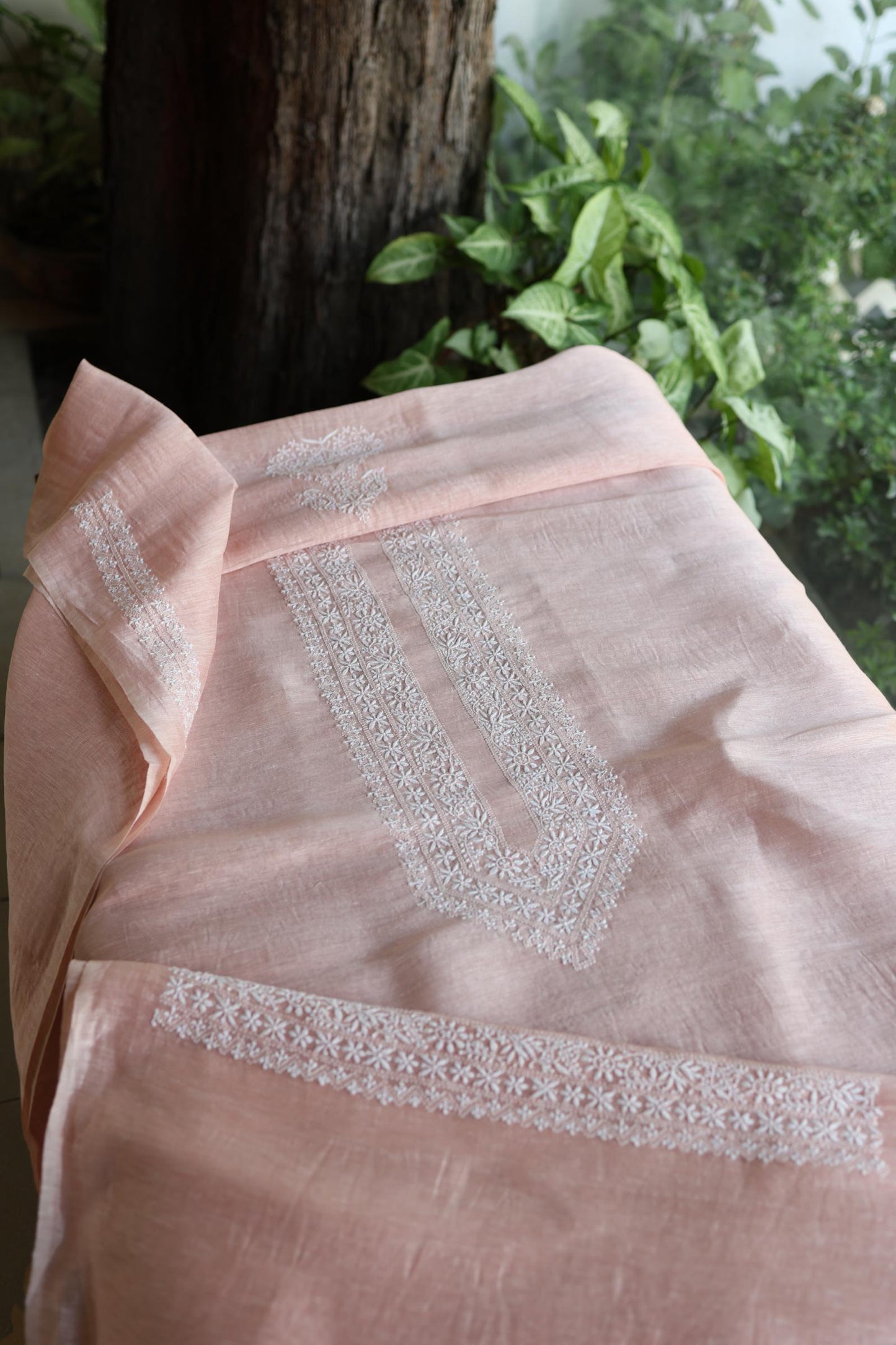 Peach Shade Linen Chikankari Unstitched Men's Kurtas Fabric