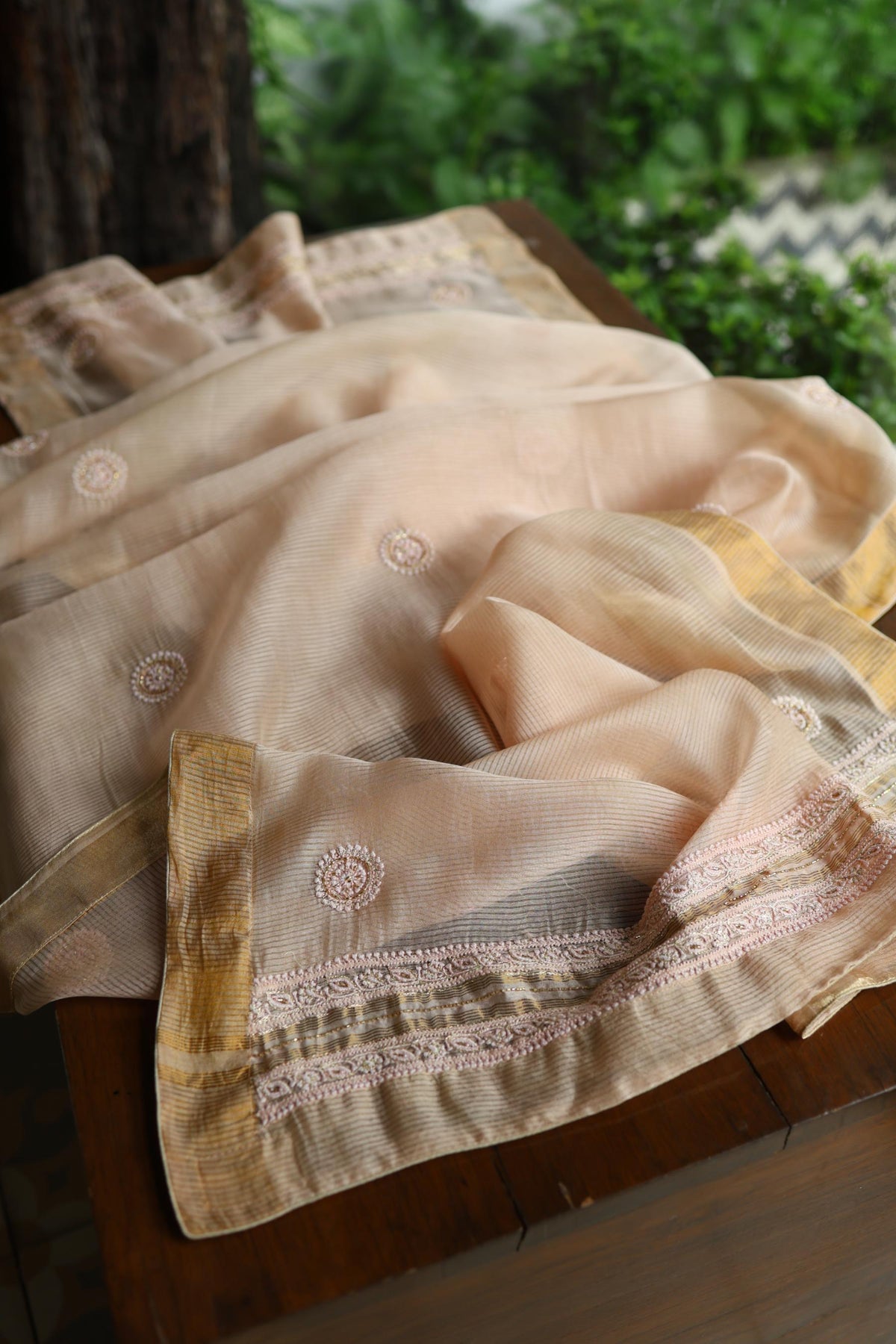 Peach Shade Linen Silk Chikankari With Ari Work Unstitched Kurta Dupatta Set