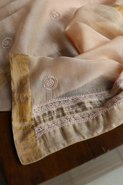 Peach Shade Linen Silk Chikankari With Ari Work Unstitched Kurta Dupatta Set
