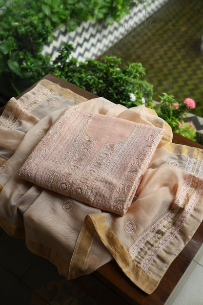 Peach Shade Linen Silk Chikankari With Ari Work Unstitched Kurta Dupatta Set