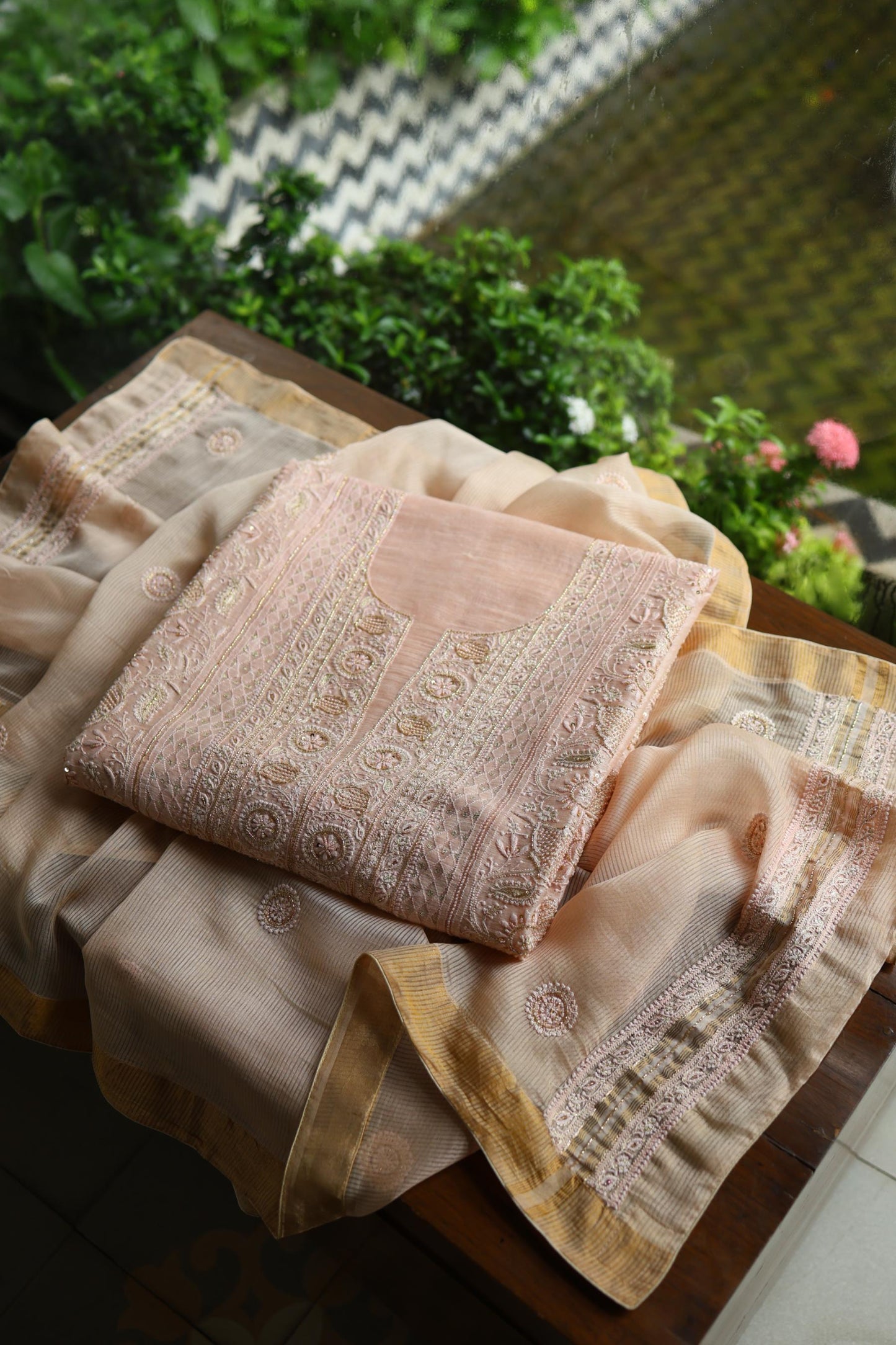 Peach Shade Linen Silk Chikankari With Ari Work Unstitched Kurta Dupatta Set