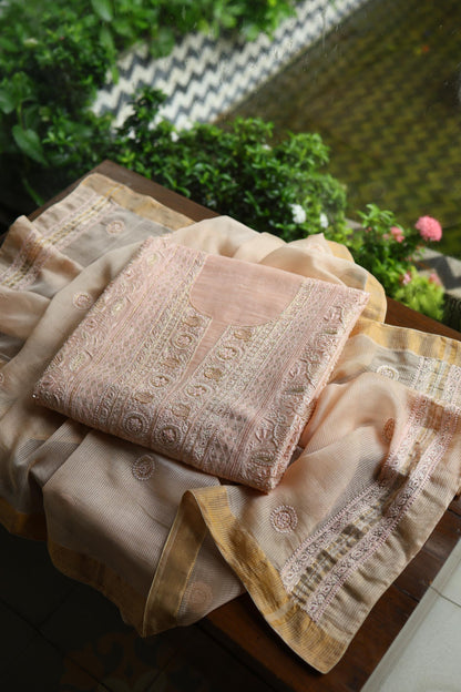 Peach Shade Linen Silk Chikankari With Ari Work Unstitched Kurta Dupatta Set