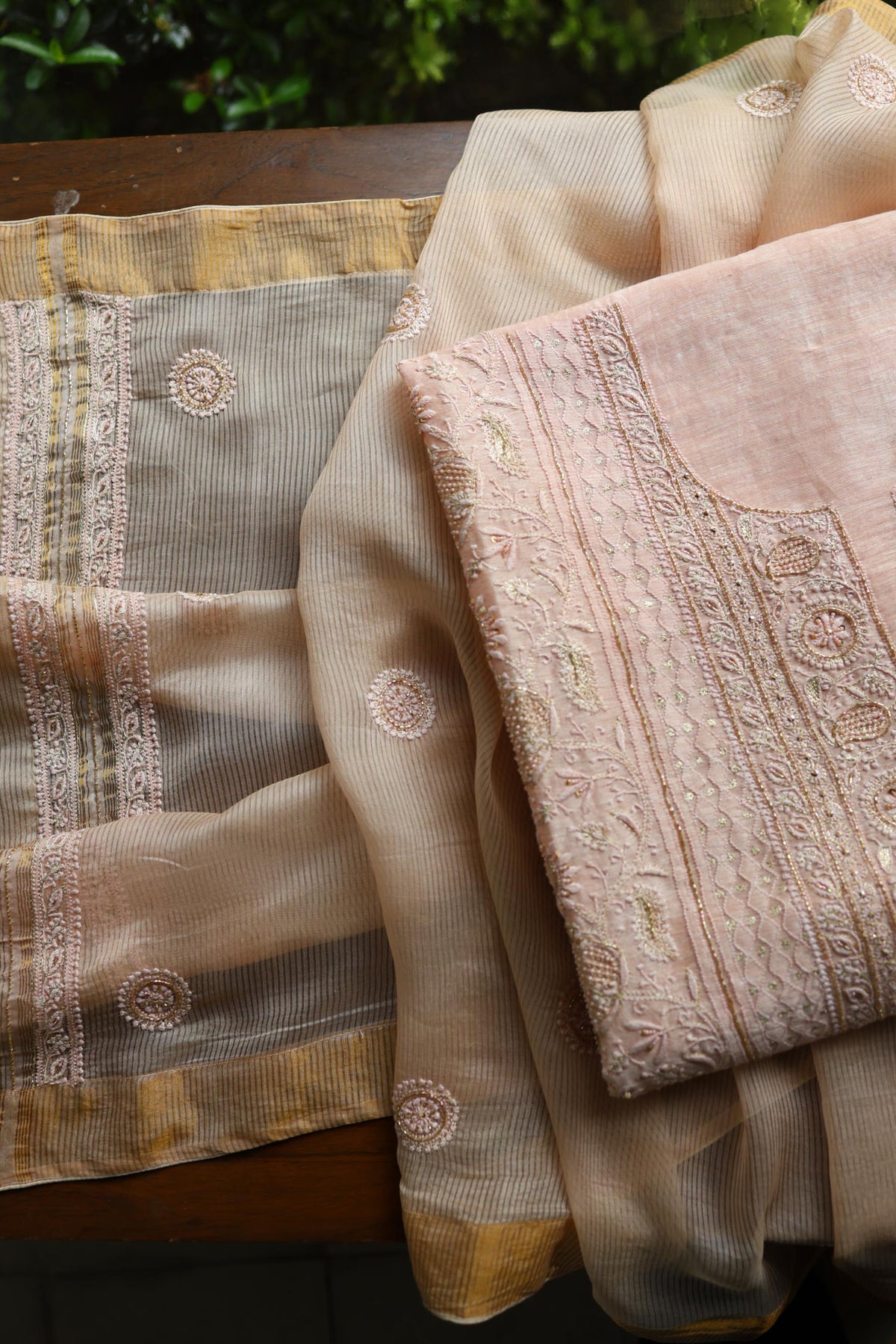 Peach Shade Linen Silk Chikankari With Ari Work Unstitched Kurta Dupatta Set