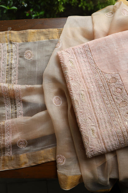 Peach Shade Linen Silk Chikankari With Ari Work Unstitched Kurta Dupatta Set