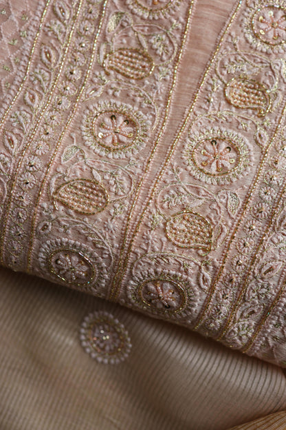 Peach Shade Linen Silk Chikankari With Ari Work Unstitched Kurta Dupatta Set