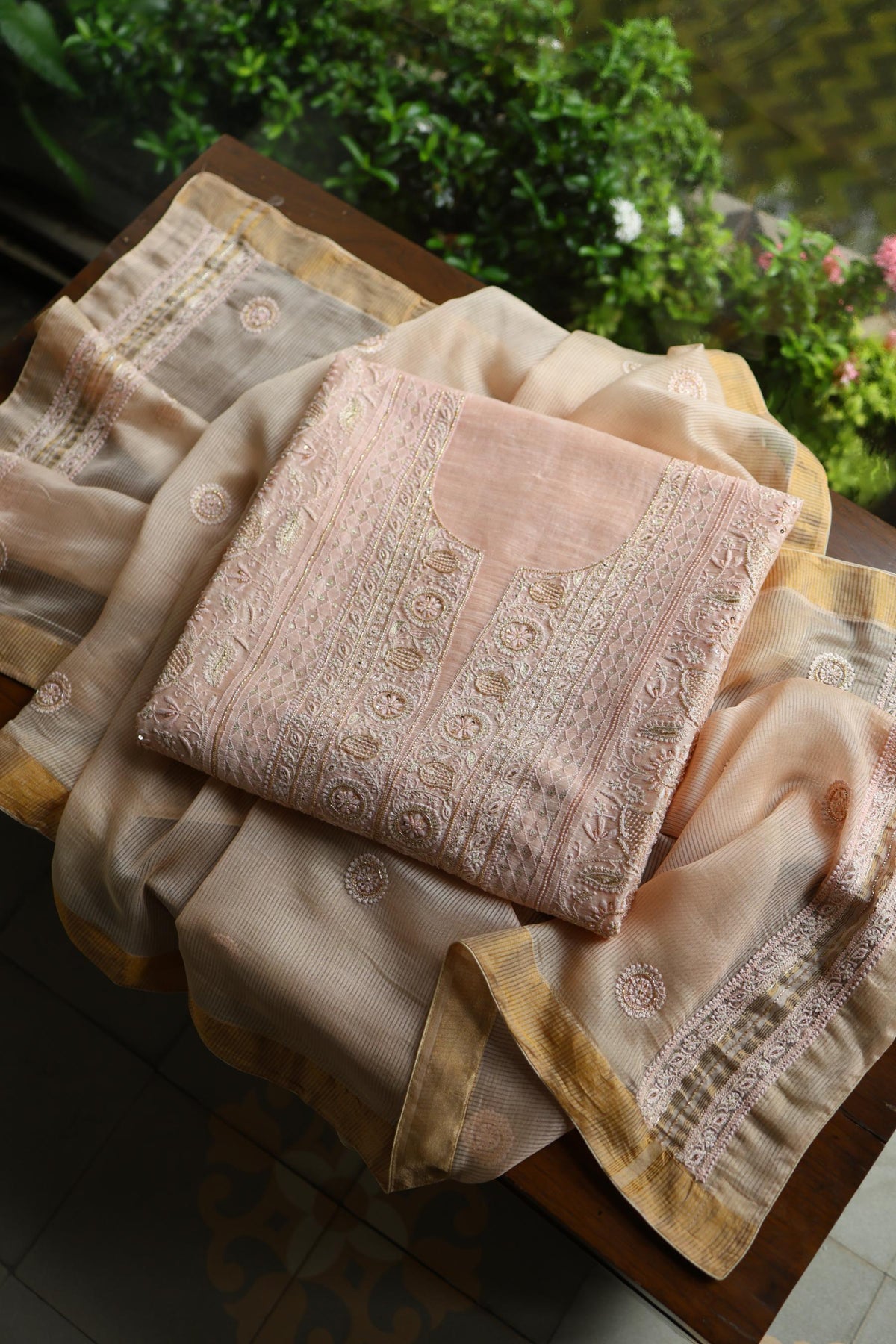 Peach Shade Linen Silk Chikankari With Ari Work Unstitched Kurta Dupatta Set