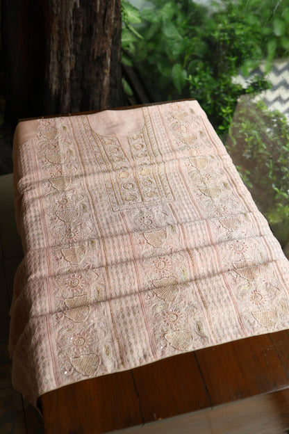 Peach Shade Linen Silk Chikankari With Ari Work Unstitched Kurta Dupatta Set