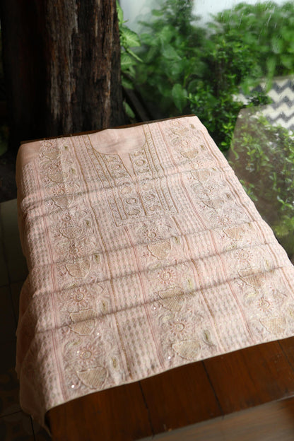Peach Shade Linen Silk Chikankari With Ari Work Unstitched Kurta Dupatta Set