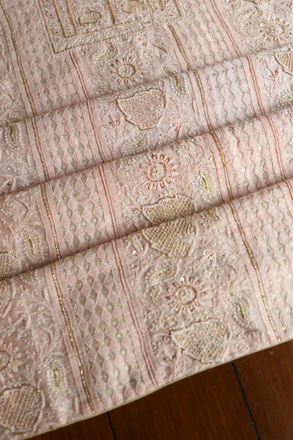Peach Shade Linen Silk Chikankari With Ari Work Unstitched Kurta Dupatta Set