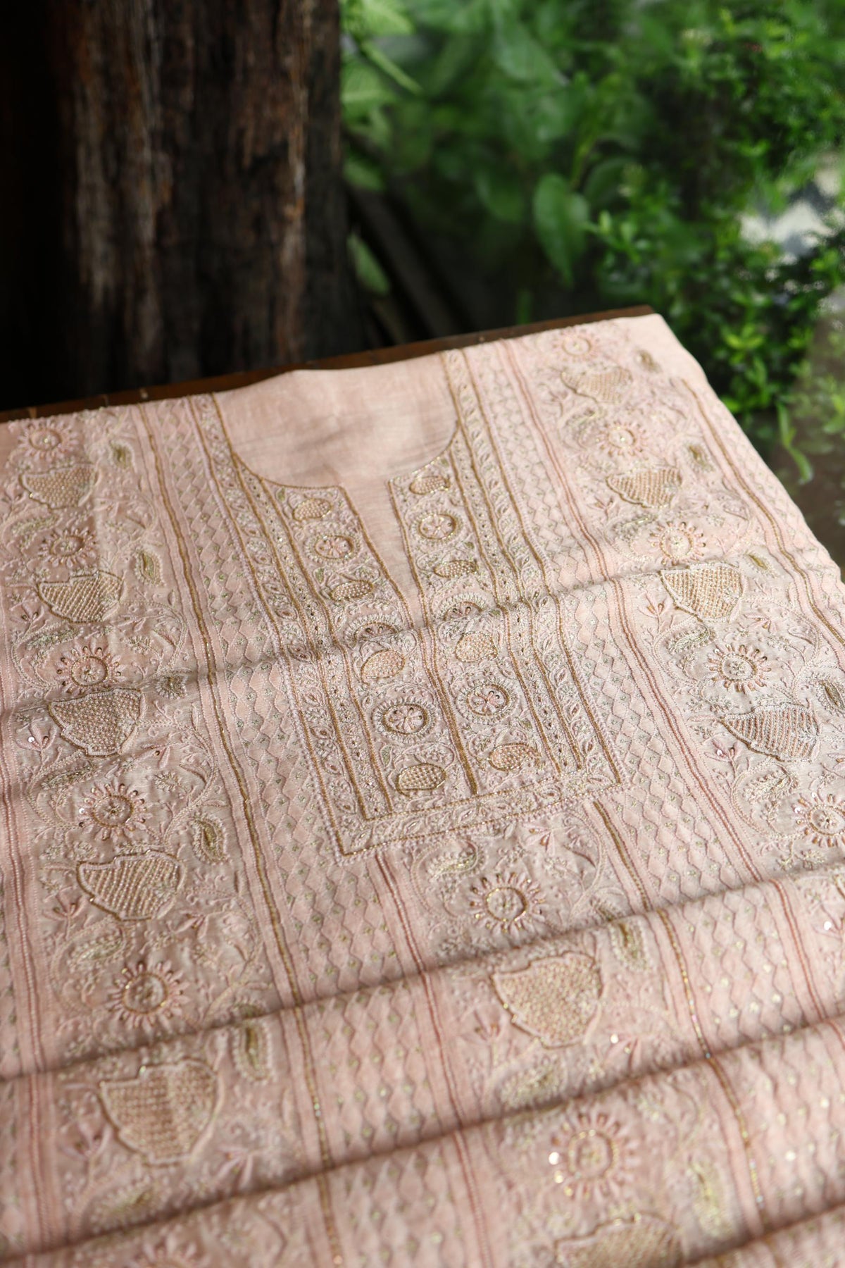 Peach Shade Linen Silk Chikankari With Ari Work Unstitched Kurta Dupatta Set