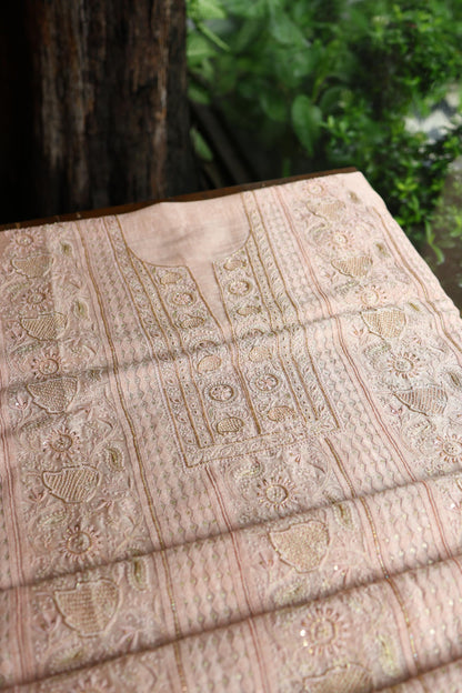 Peach Shade Linen Silk Chikankari With Ari Work Unstitched Kurta Dupatta Set