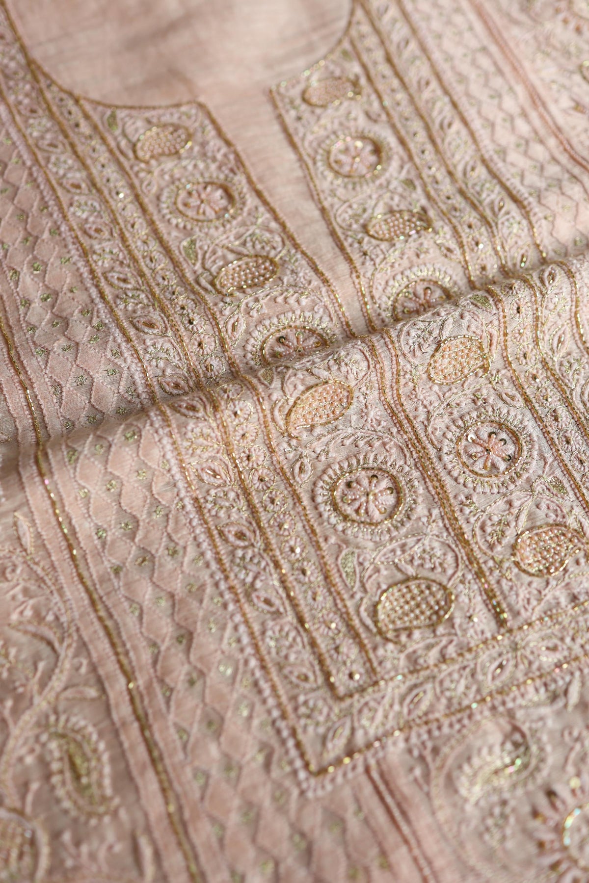 Peach Shade Linen Silk Chikankari With Ari Work Unstitched Kurta Dupatta Set