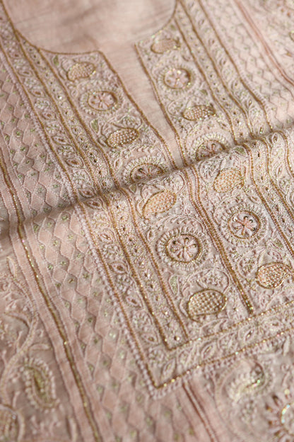 Peach Shade Linen Silk Chikankari With Ari Work Unstitched Kurta Dupatta Set