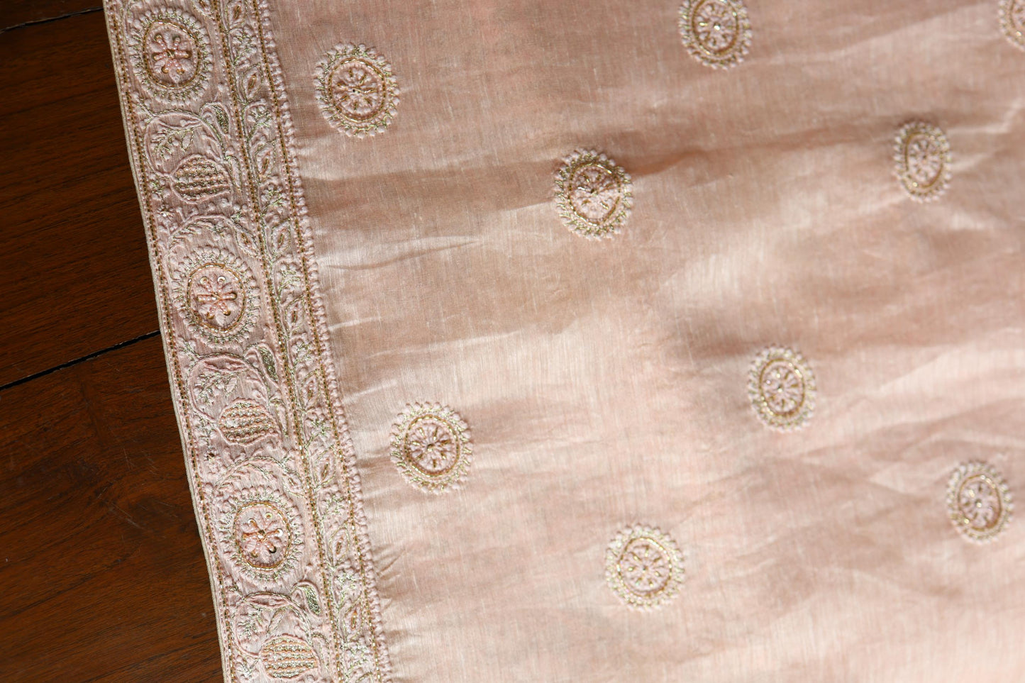 Peach Shade Linen Silk Chikankari With Ari Work Unstitched Kurta Dupatta Set