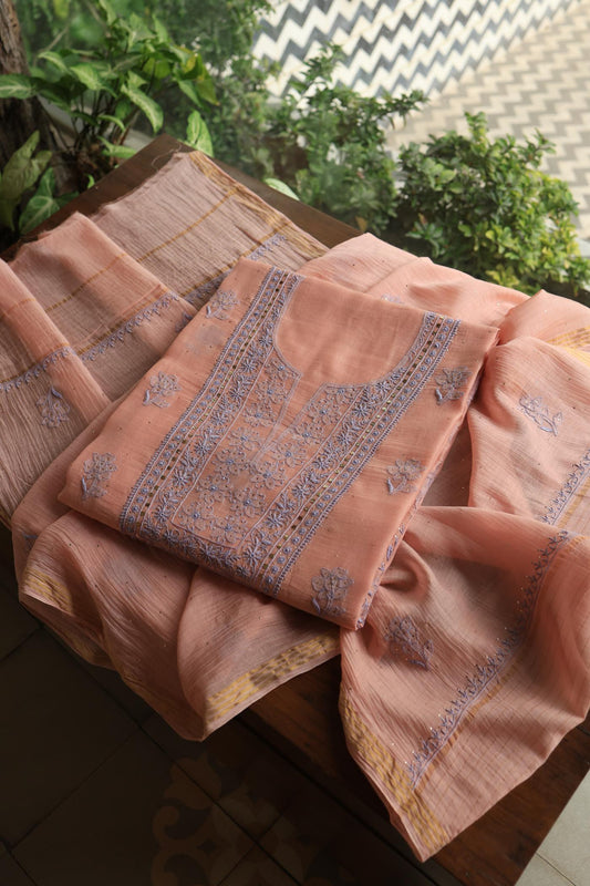 Peach Shade Mal Cotton Fine Chikankari With Kamdani Work Unstitched Fabric