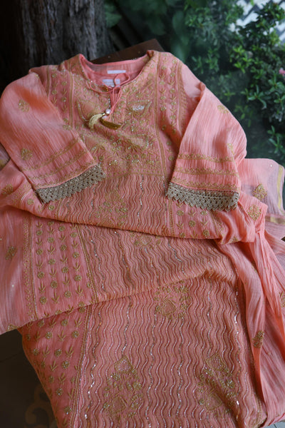 Peach Shade Malmal A Line Chikankari Pearl & Sequins Kurta Set