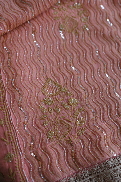 Peach Shade Malmal A Line Chikankari Pearl & Sequins Kurta Set