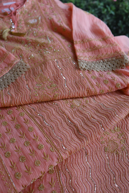 Peach Shade Malmal A Line Chikankari Pearl & Sequins Kurta Set