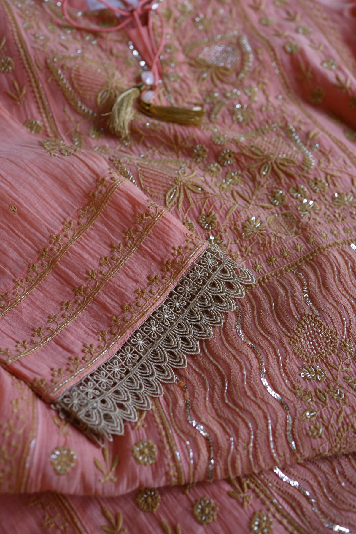 Peach Shade Malmal A Line Chikankari Pearl & Sequins Kurta Set