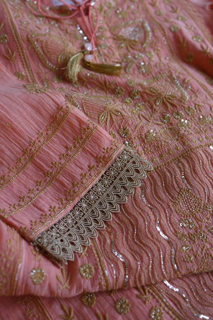 Peach Shade Malmal A Line Chikankari Pearl & Sequins Kurta Set