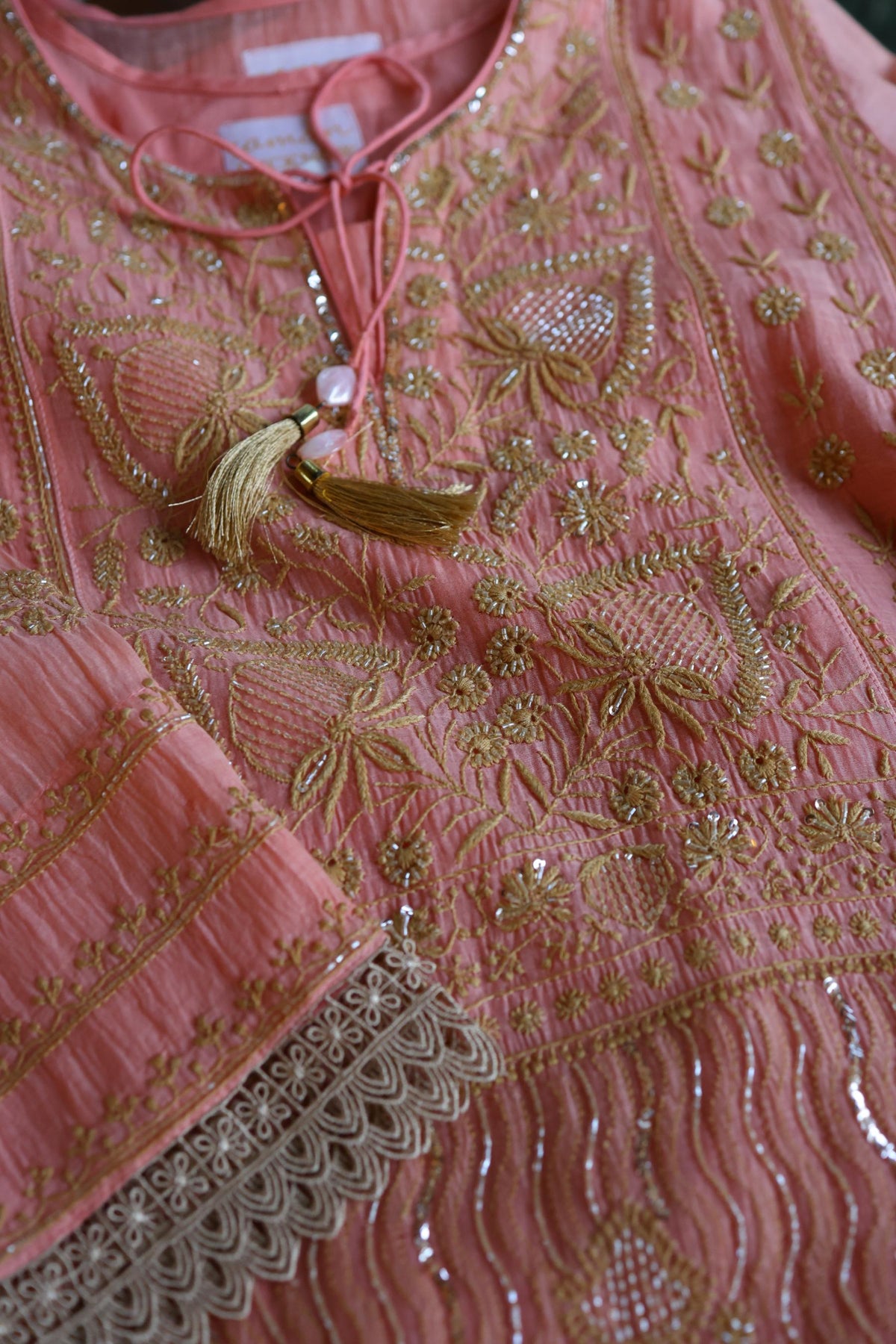 Peach Shade Malmal A Line Chikankari Pearl & Sequins Kurta Set
