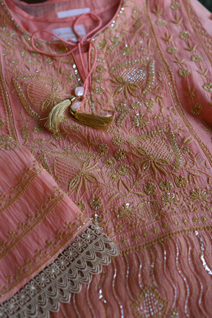 Peach Shade Malmal A Line Chikankari Pearl & Sequins Kurta Set