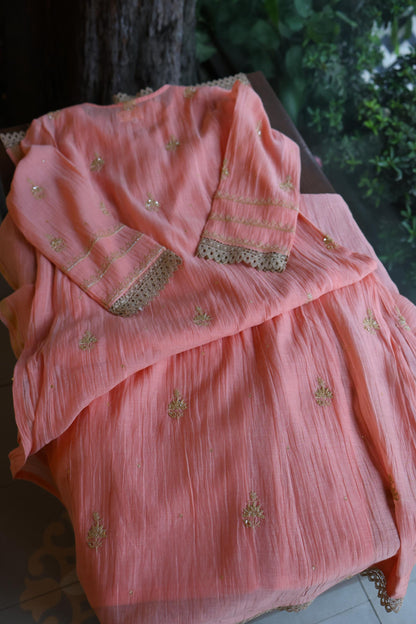 Peach Shade Malmal A Line Chikankari Pearl & Sequins Kurta Set