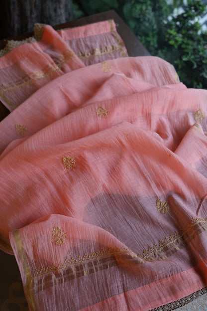 Peach Shade Malmal A Line Chikankari Pearl & Sequins Kurta Set