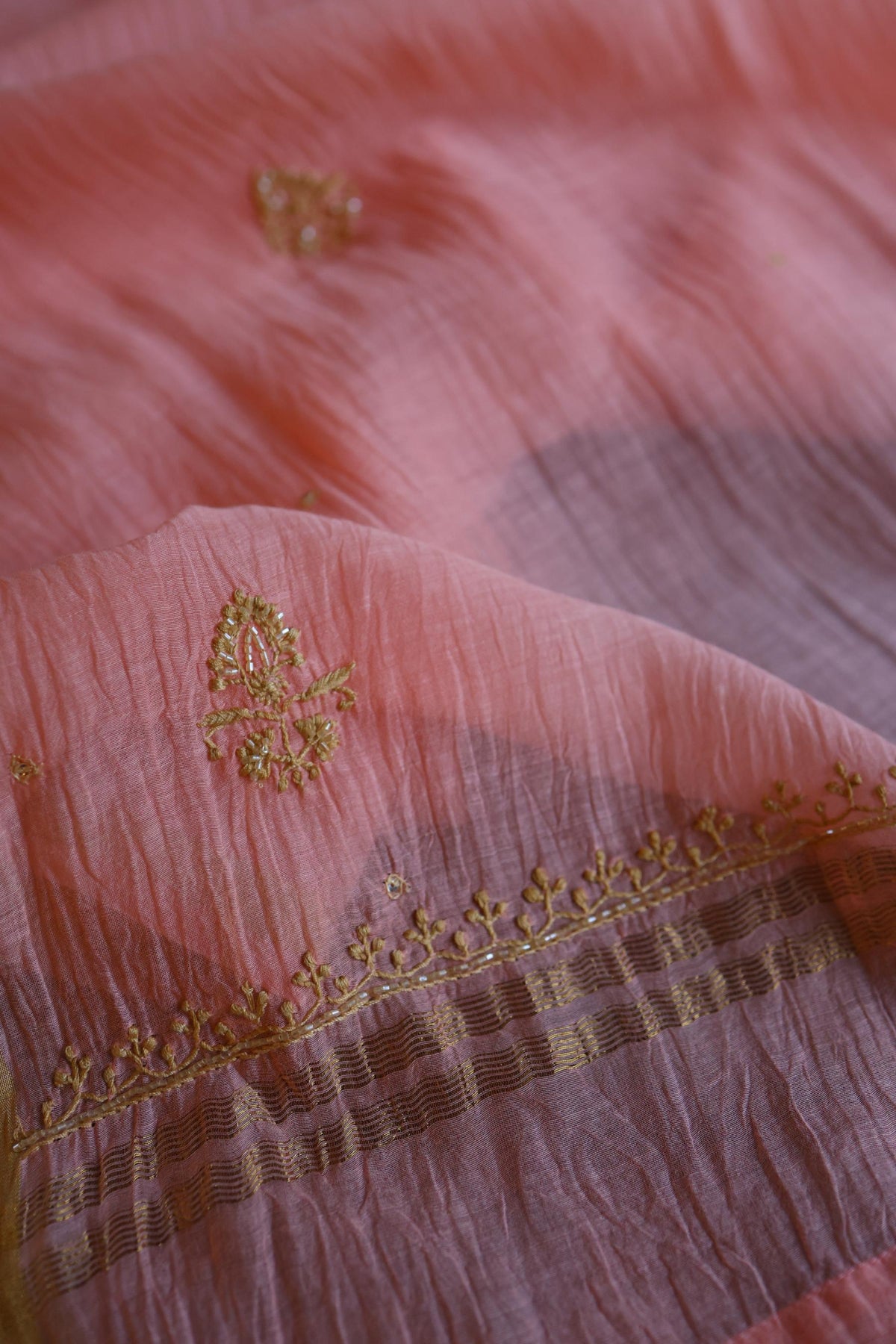 Peach Shade Malmal A Line Chikankari Pearl & Sequins Kurta Set
