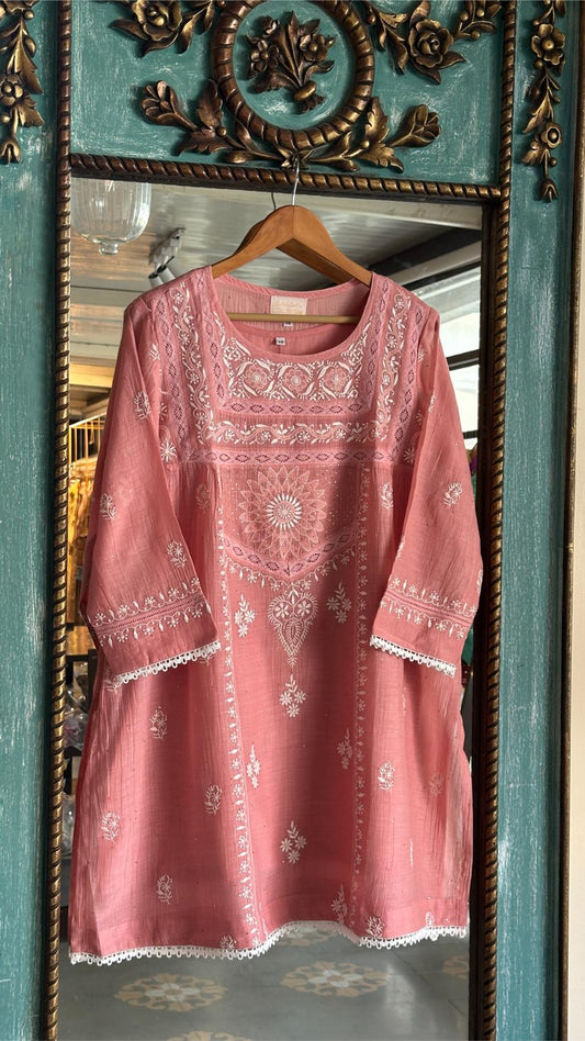 Peach Shade Malmal Chikankari Kamdani Short Kurti