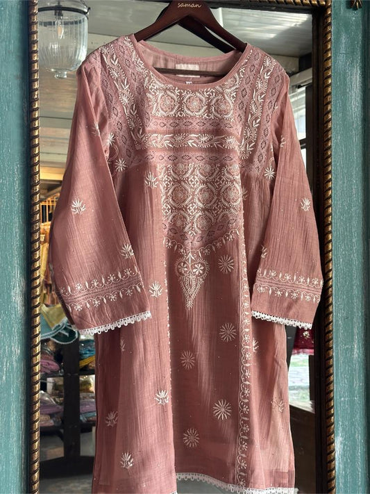Peach Shade Malmal Chikankari Kamdani Short Kurti
