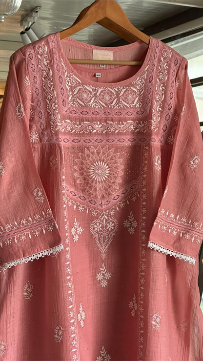 Peach Shade Malmal Chikankari Kamdani Short Kurti