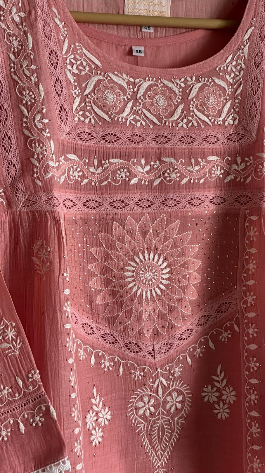Peach Shade Malmal Chikankari Kamdani Short Kurti