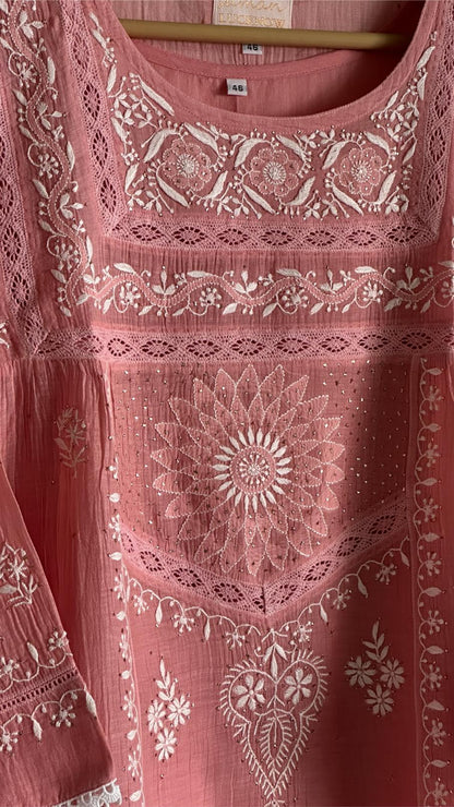 Peach Shade Malmal Chikankari Kamdani Short Kurti