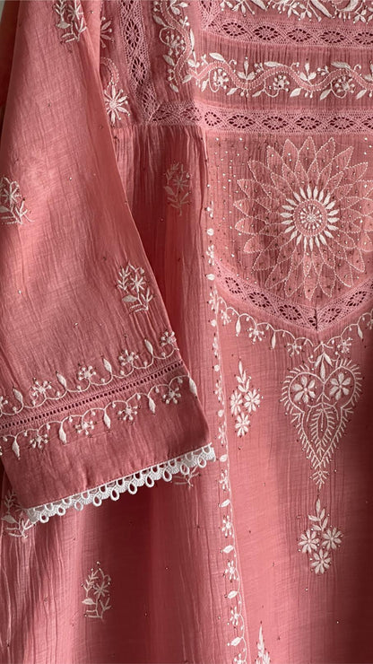 Peach Shade Malmal Chikankari Kamdani Short Kurti