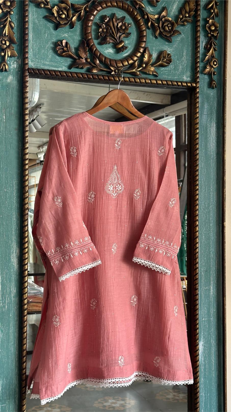 Peach Shade Malmal Chikankari Kamdani Short Kurti