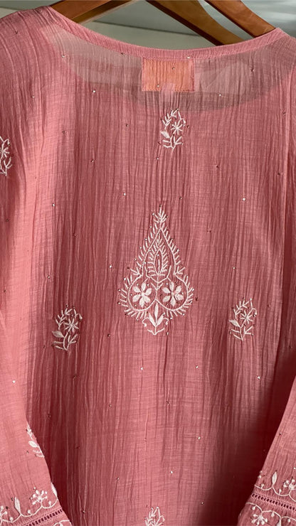 Peach Shade Malmal Chikankari Kamdani Short Kurti