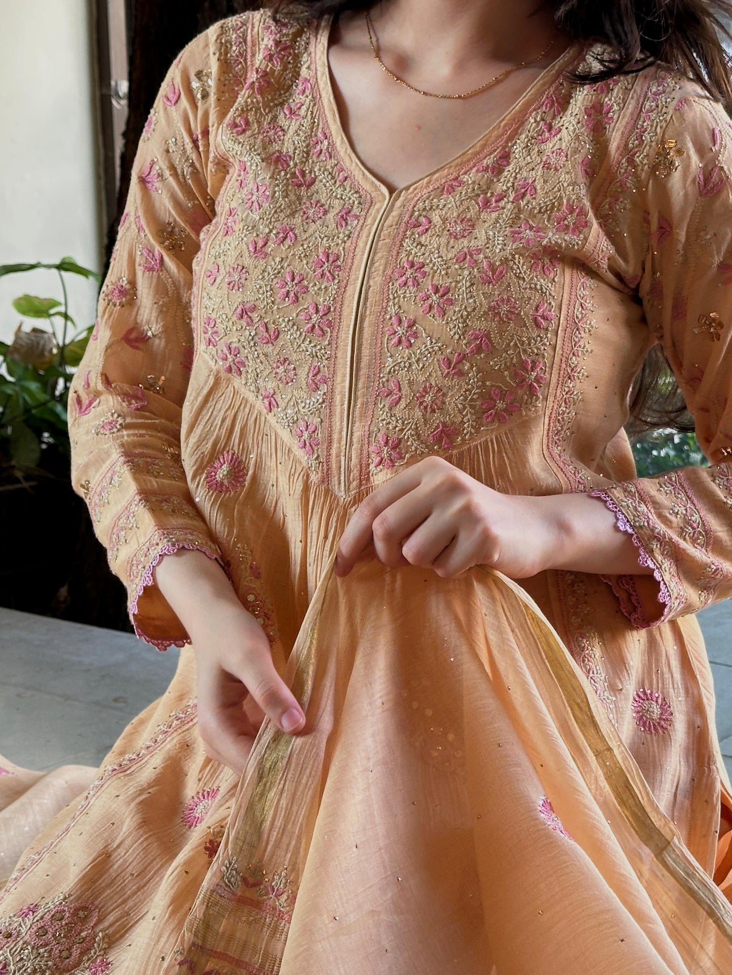 Peach Shade Malmal Mukaish Kamdani Heavy Sleeves Tux Chikankari Kurta Set