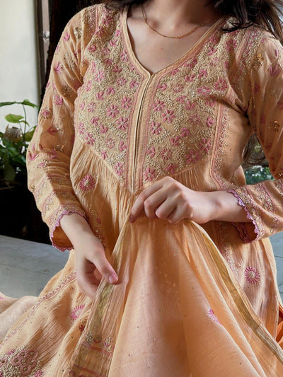 Peach Shade Malmal Mukaish Kamdani Heavy Sleeves Tux Chikankari Kurta Set