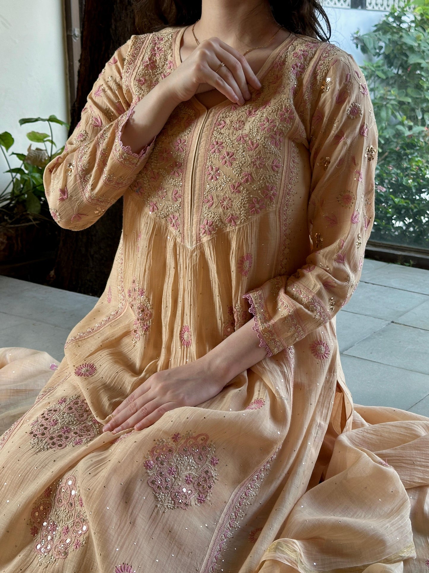 Peach Shade Malmal Mukaish Kamdani Heavy Sleeves Tux Chikankari Kurta Set
