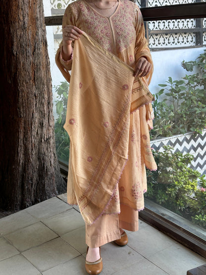 Peach Shade Malmal Mukaish Kamdani Heavy Sleeves Tux Chikankari Kurta Set