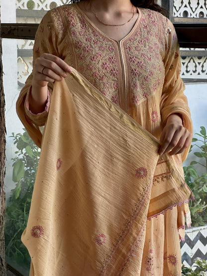 Peach Shade Malmal Mukaish Kamdani Heavy Sleeves Tux Chikankari Kurta Set