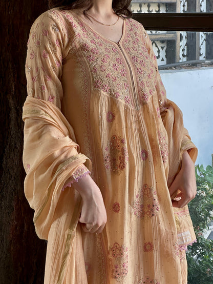 Peach Shade Malmal Mukaish Kamdani Heavy Sleeves Tux Chikankari Kurta Set